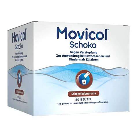 Beutel MOVICOL Schoko und Pulver in Glas