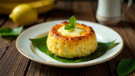 Bibingka in einer mit Bananenblatt ausgelegten Form, bestreut mit Kokosraspeln und Käse