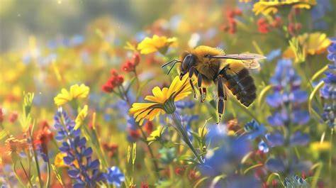 Bienen bei der Nektarsammlung auf einer Blumenwiese