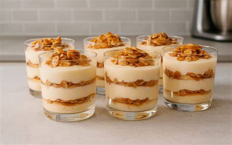 Bienenstich im Glas geschichtet mit Vanillecreme, Biskuit und Mandelkrokant