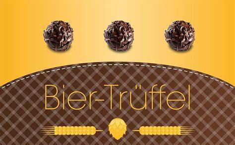 Bier Trüffel und Schokoladenstücken auf Holzbrett