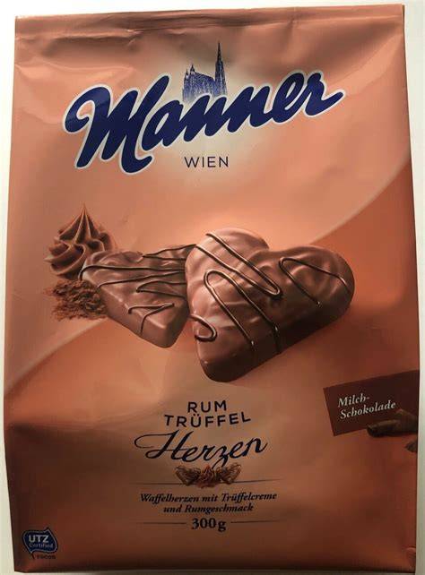 Bild: Manner Rum-Trüffel Herzen Verpackung und Inhaltsstoffe