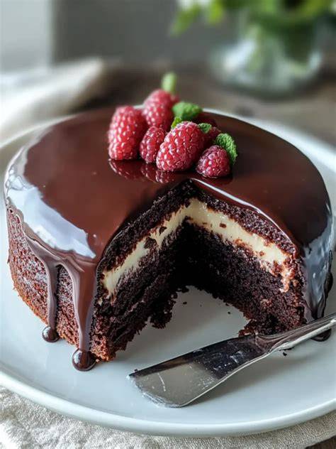 Bild: Mehrschichtige Reformtorte mit Walnussböden, Schokoladenfüllung und glänzender Ganache
