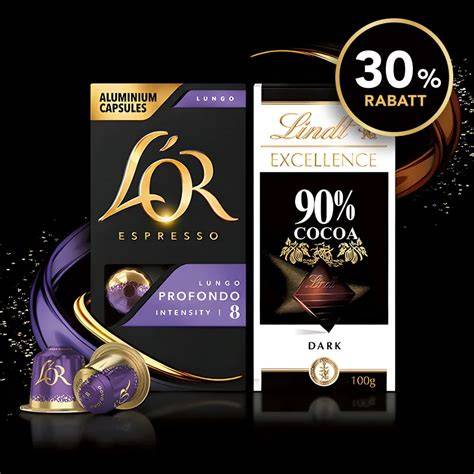 Bild: Parade der Lindt EXCELLENCE Sorten neben L’OR Kapseln