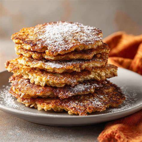 Bild: Pfannenpfannkuchen in goldbraun, gestapelt mit Puderzucker