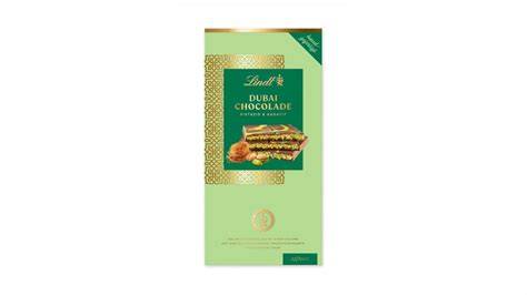 Bild der Lindt Dubai Schokolade Verpackung und Schnittansicht der Füllung