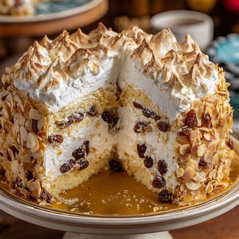 Birnen-Baiser-Torte angeschnitten, Nahaufnahme der Baiserhaube