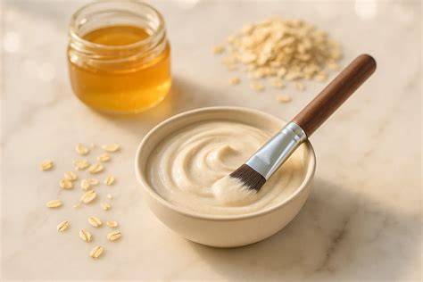 Birnen-Quark-Honig-Maske auf Schale und Pinsel