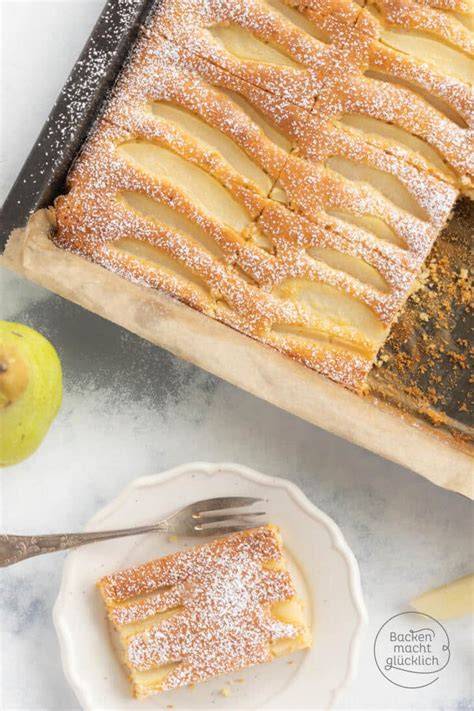 Birnenkuchen vom Blech mit Streuseln - Zutaten und Schichten schematisch
