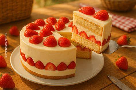 Biskuit-Holunder-Torte mit Erdbeeren im Anschnitt