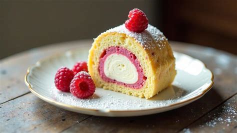 Biskuitrolle mit Buttercreme und Bananen, angerichtet auf einem Teller