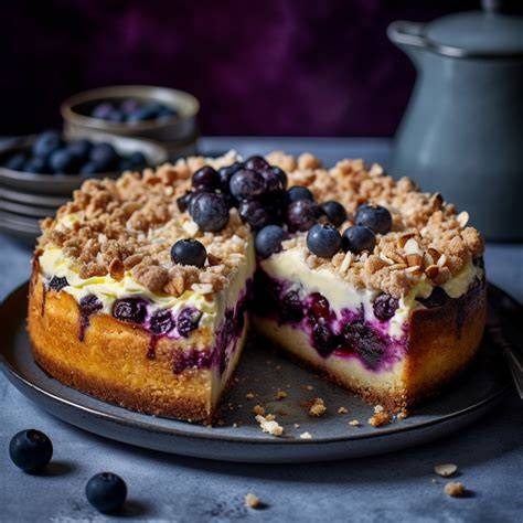 Blaubeer Käsekuchen mit Streusel auf einer Kuchenplatte