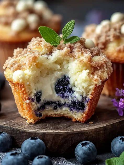 Blaubeer Muffins mit knusprigen Streuseln auf Holzbrett