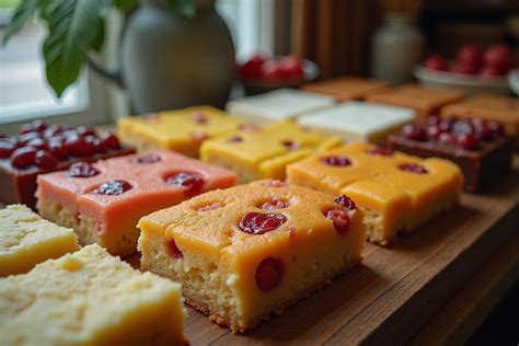 Blechkuchen in Rechtecke geschnitten, verschiedene Rezepte nebeneinander