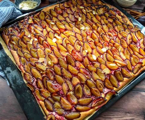 Blechkuchen mit Hefeteig und Zwetschgen, frisch aus dem Ofen
