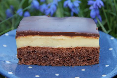 Blechkuchen mit Vanillepudding, Butterkeksen und Schokoguss - Schnittansicht