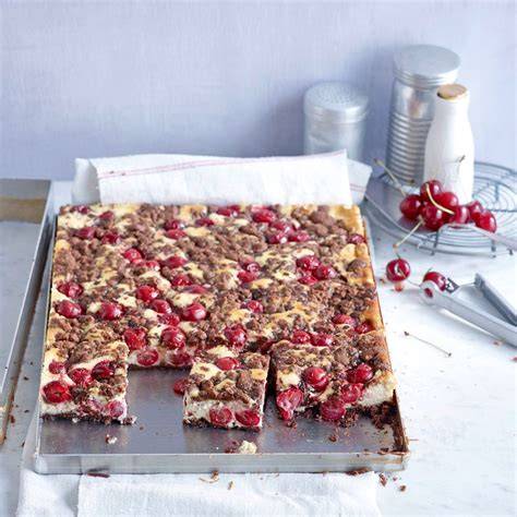 Blechkuchen-Auswahl mit frischen Früchten, Schokolade und Streuseln