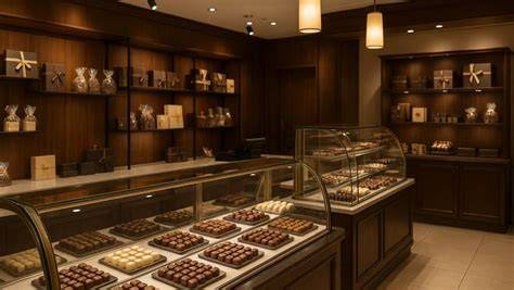 Blick in eine Wiener Chocolaterie mit Präsentation edler Pralinen