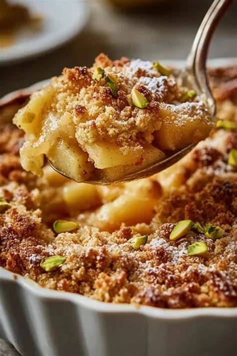 Bratapfel-Crumble in Auflaufform mit karamellisierten Apfelstücken