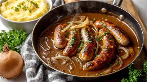 Bratwurst mit Zwiebelsoße, angerichtet mit Kartoffelpüree