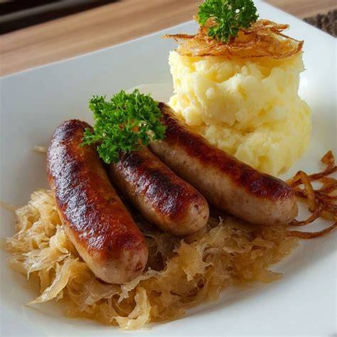 Brezeltorten-Aufbau: Brezelboden, Sauerkraut, Kartoffelpüree, Bratwurst