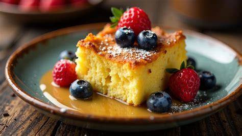 Brotpudding im Auflaufform, serviert mit Vanillesoße und Beeren