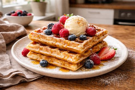 Brownie-Waffeln mit Vanilleeis und Beeren auf Teller, daneben OptiGrill