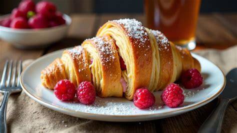 Bunte Auswahl an Croissants mit verschiedenen Füllungen auf dekorativem Teller