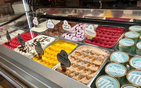 Bunte Auswahl hausgemachter Eissorten in Portionsgläsern