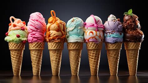 Bunte Eissorten in verschiedenen Waffeln und Bechern