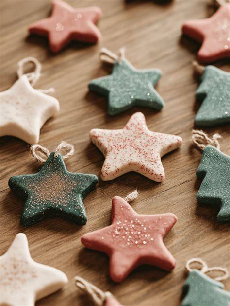 Bunte Salzteiganhänger in Weihnachtsformen, von Kindern gebastelt