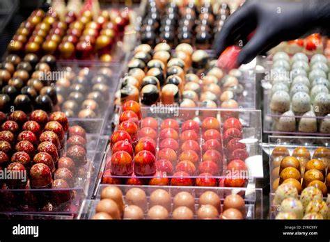 Bunte belgische Pralinen in einer Auslage