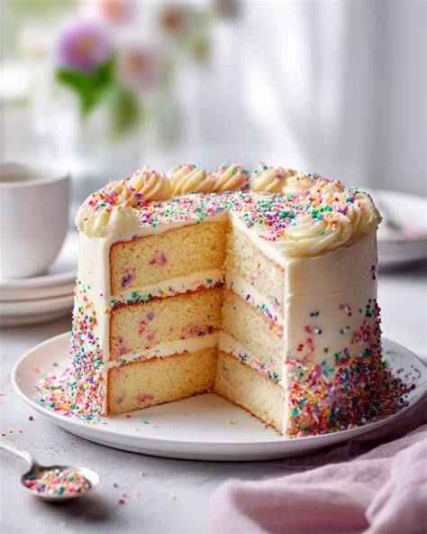 Bunter Anschnitt einer Konfetti-Torte, aus der beim Anschneiden Smarties herausfallen