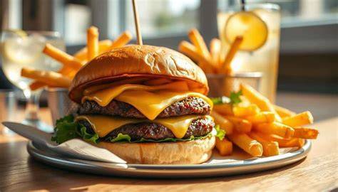 Burger, Pommes und Milchshake als Beispielgerichte