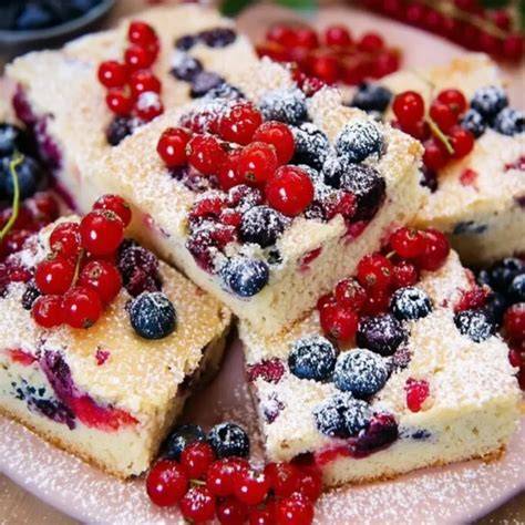 Buttermilchkuchen mit Beeren als Blechkuchen, angerichtet auf einem Tisch