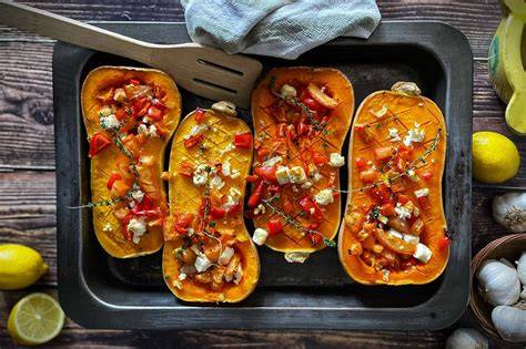 Butternut-Kürbis im Ofen auf Backblech