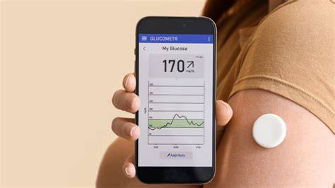 CGM-System-Ansicht: Sensor auf Bauch/Oberarm, Monitor am Smartphone