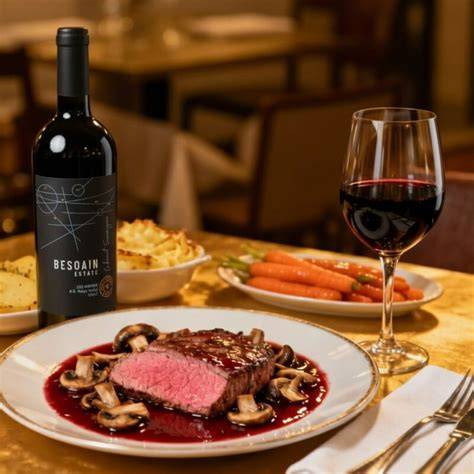 Candlelight-Dinner mit Trüffelpasta und Rinderfilet, elegant serviert mit Wein