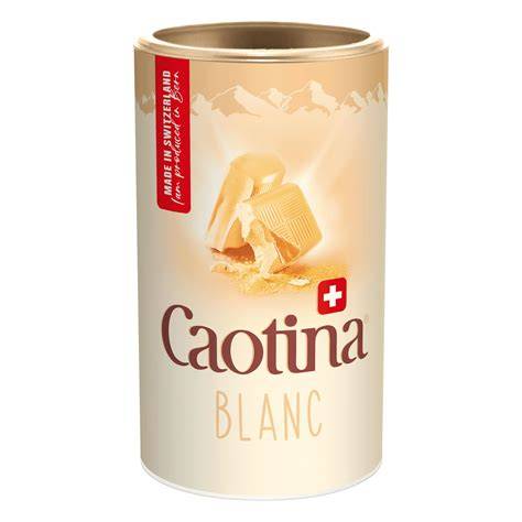 Caotina Blanc Dose und Glas mit heißer weißer Schokolade