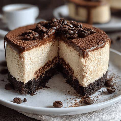 Cappuccino Cheesecake serviert mit Kaffeebohnen-Deko