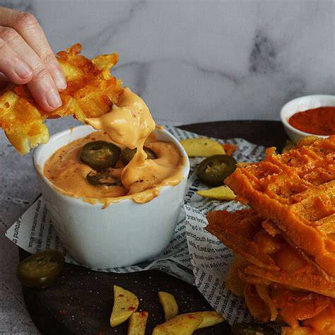 Cheddar-Pommes-Waffeln mit Chilli Cheese Sauce
