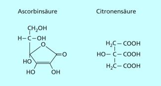 Chemische Struktur von Citronensäure, Steviolglycosiden und Ascorbinsäure