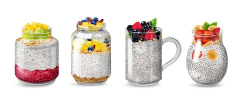 Chia-Pudding in Gläsern mit verschiedenen Toppings