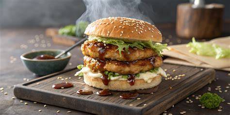 Chicken Samurai Burger Variante mit Teriyaki-Glasur und Salat