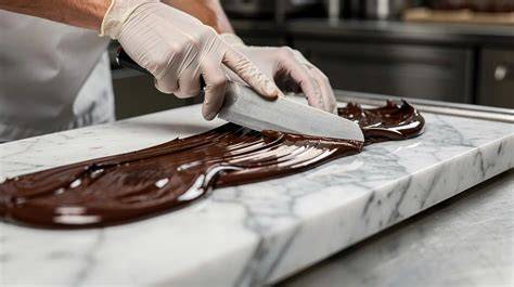 Chocolatiers beim Schöpfen von Schokolade auf der Marmorplatte