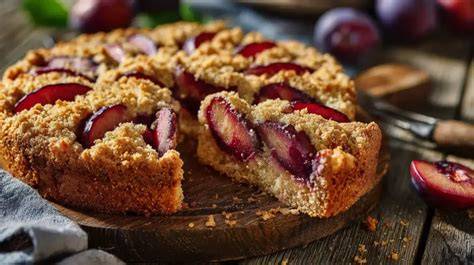 Close-up: goldbraune Haferflocken-Streusel auf Pflaumenkuchen