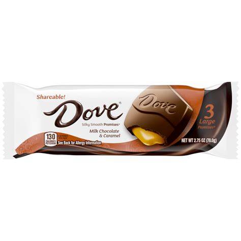 Close-up of Dove caramel chocolate bar with flowing caramel