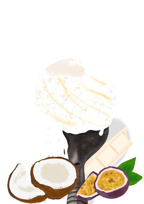Collage: Kokos, Ananas, Maracuja, Sahne und weiße Schokolade Sirup als Zutaten