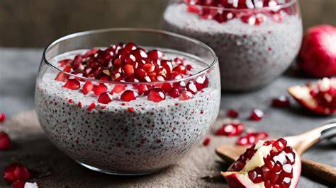 Collage: Mousse, Parfait, Pudding und Brownies mit Granatapfel