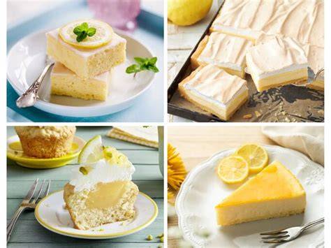 Collage: Zitronenkekse, Zitronenkuchen, Zitronen-Tiramisu und Zitronensorbet